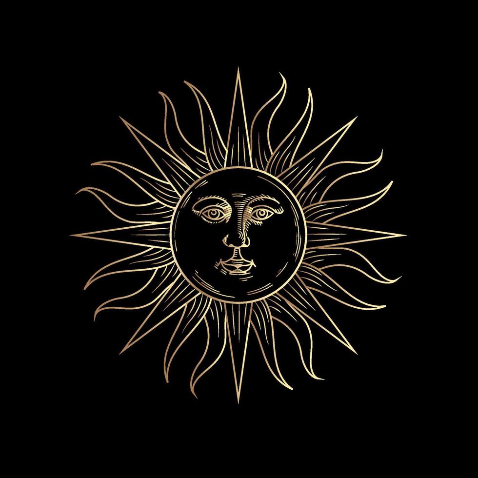 Linear golden sun on black, retro vintage boho style vector