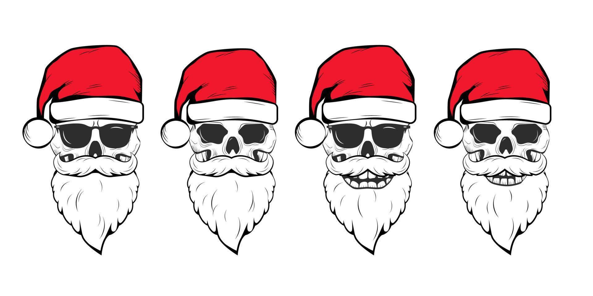 Skull of Santa Claus, set, line art tattoo vector