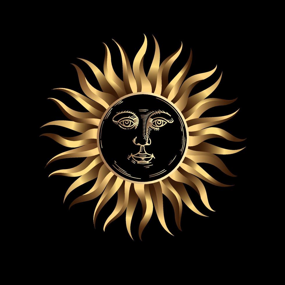 Golden sun on black, retro vintage boho style vector