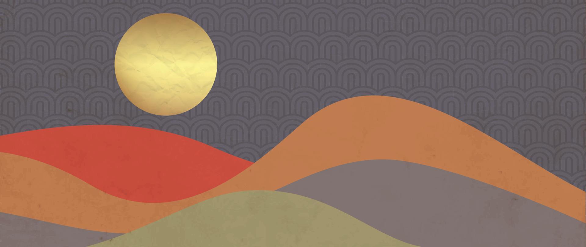 Mountains with line wave pattern and gold sun, japanese style vector