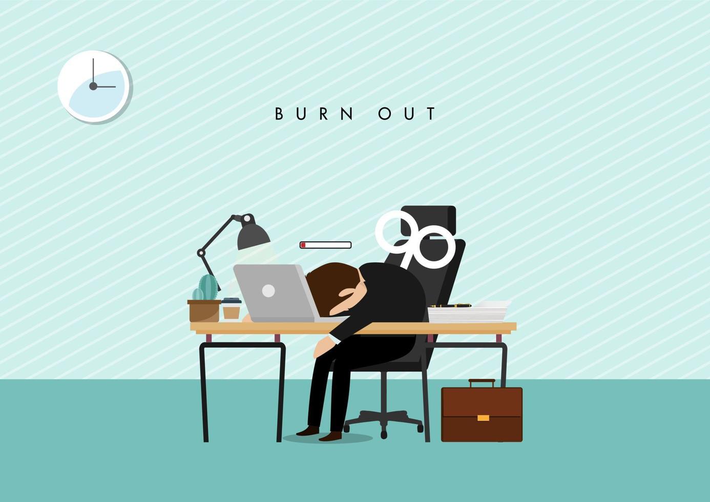 professional burnout concept illustration with exhausted male office worker sitting at the table. Frustrated worker, mental health problems. Vector illustration in flat style.