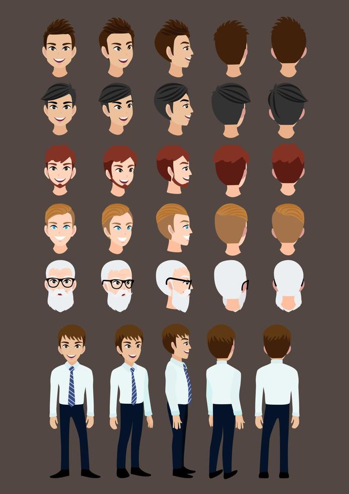 personaje de dibujos animados con hombre de negocios para animación. Carácter de vista frontal, lateral, posterior, 3-4. conjunto de cabeza masculina e ilustración vectorial plana. vector