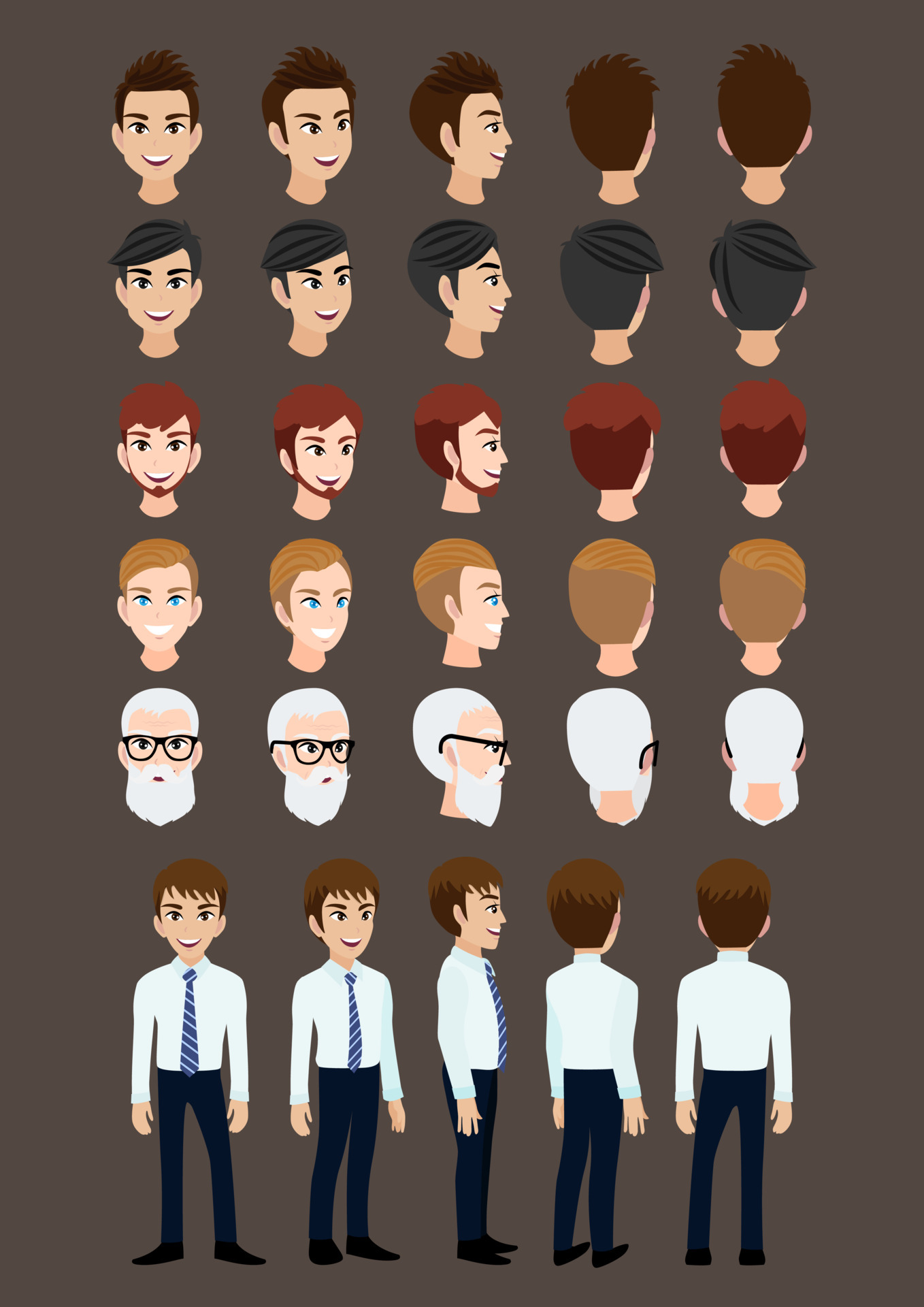 Cartoon character with business man for animation. Front, side, back, 3-4  view character. Set of male head and flat vector illustration. 4685154  Vector Art at Vecteezy