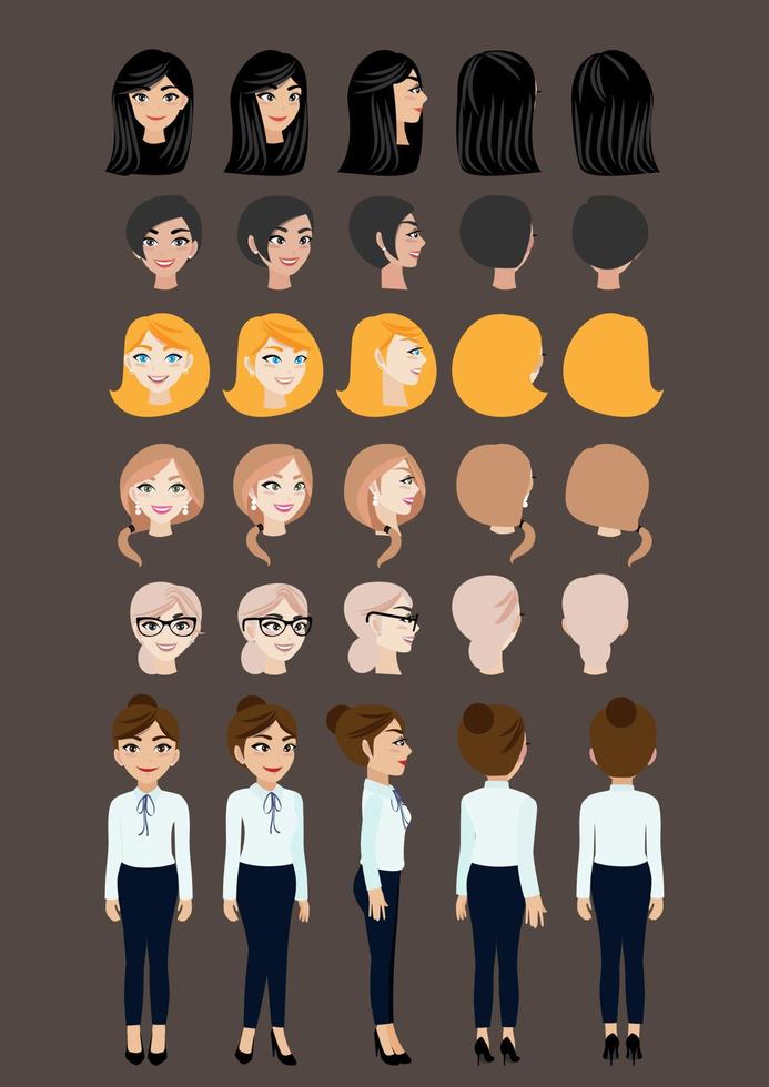 Cartoon character with business woman for animation. Front, side, back, 3-4 view character. Set of female head and flat vector illustration.