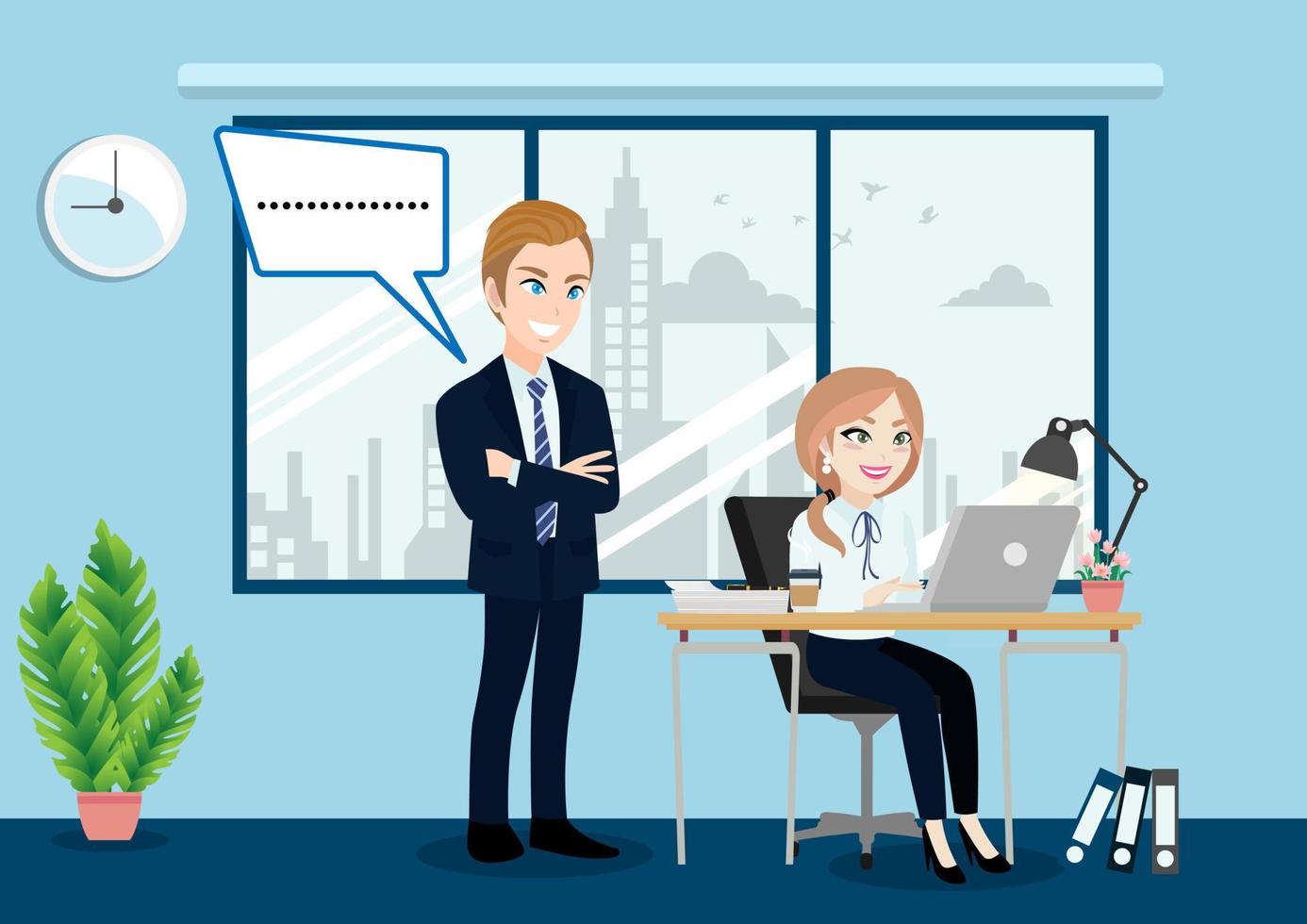 Business people group, boss and staff or workers in office background vector illustration in cartoon character style.
