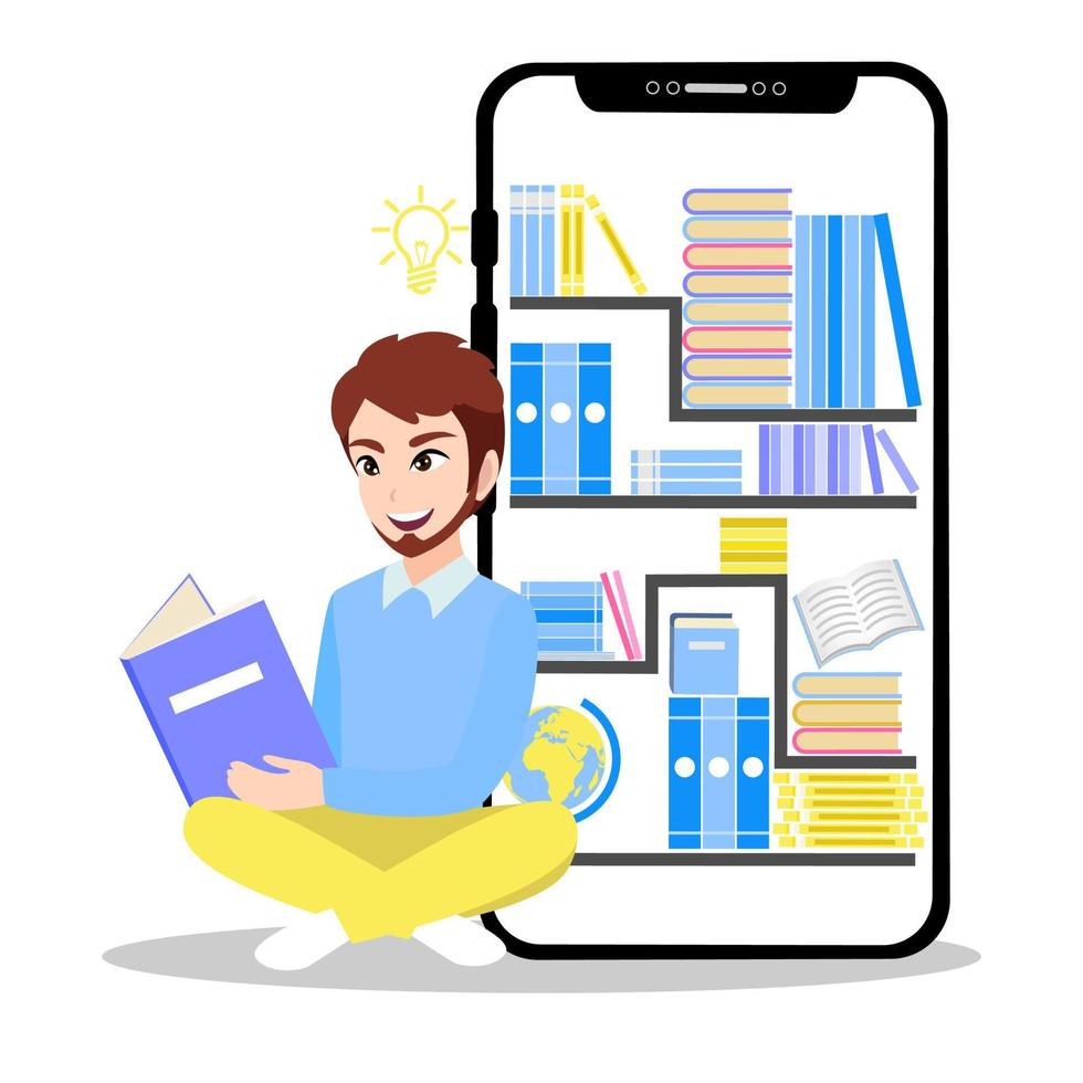 Micro learning concept. Set of book in online library on mobile phone and cartoon character design vector illustration.