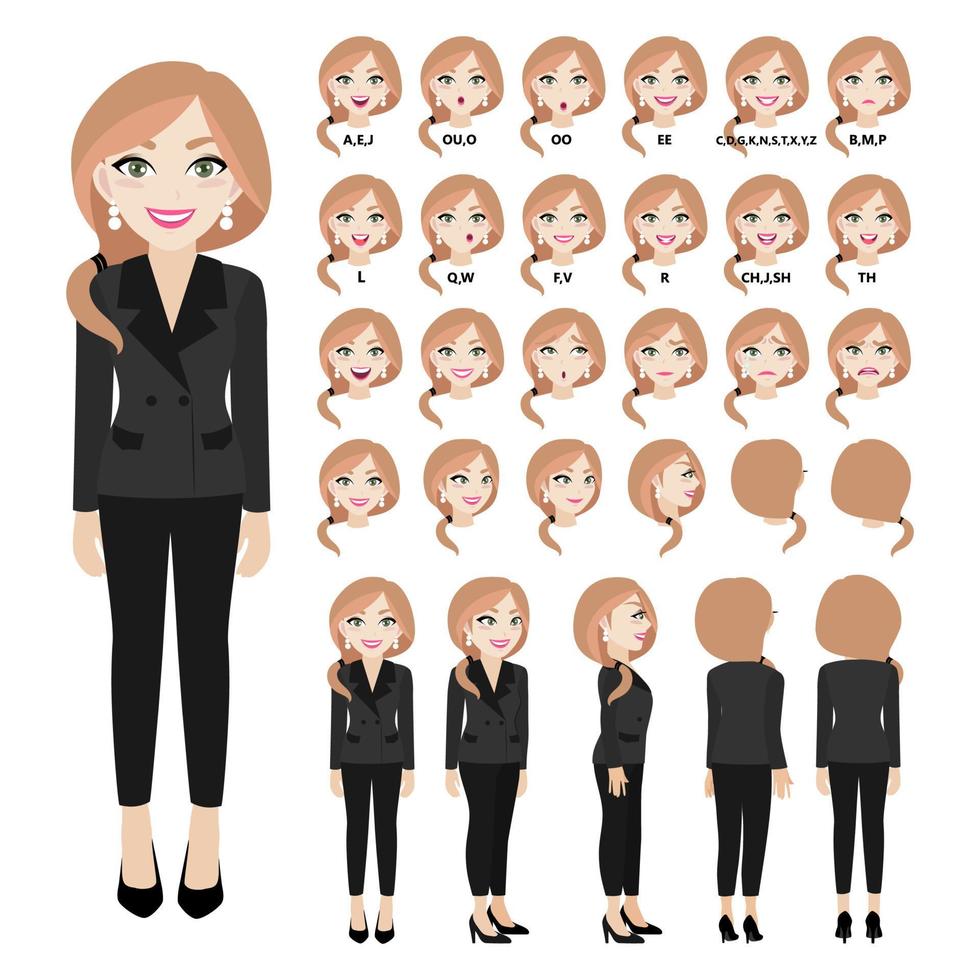 Cartoon character with business woman in suit for animation. Front, side, back, 3-4 view character. Separate parts of body. Flat vector illustration.