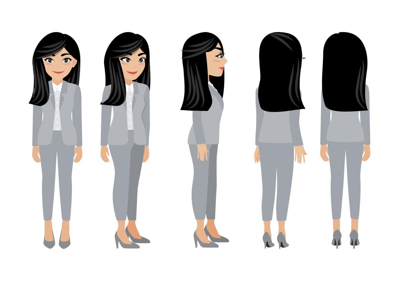 Cartoon character with business woman. Front, side, back, 3-4 view animated character. Flat vector illustration.