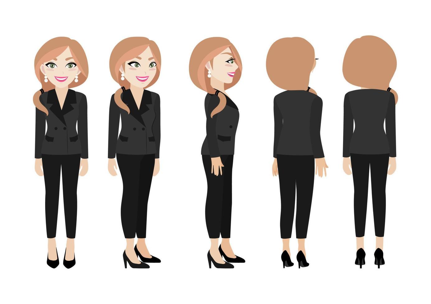 Cartoon character with business woman. Front, side, back, 3-4 view animated character. Flat vector illustration.