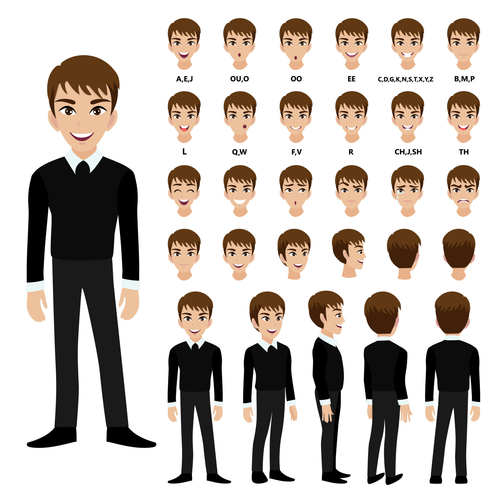 Cartoon character with business man in suit for animation. Front, side,  back, 3-4 view character. Separate parts of body. Flat vector illustration.  4685179 Vector Art at Vecteezy