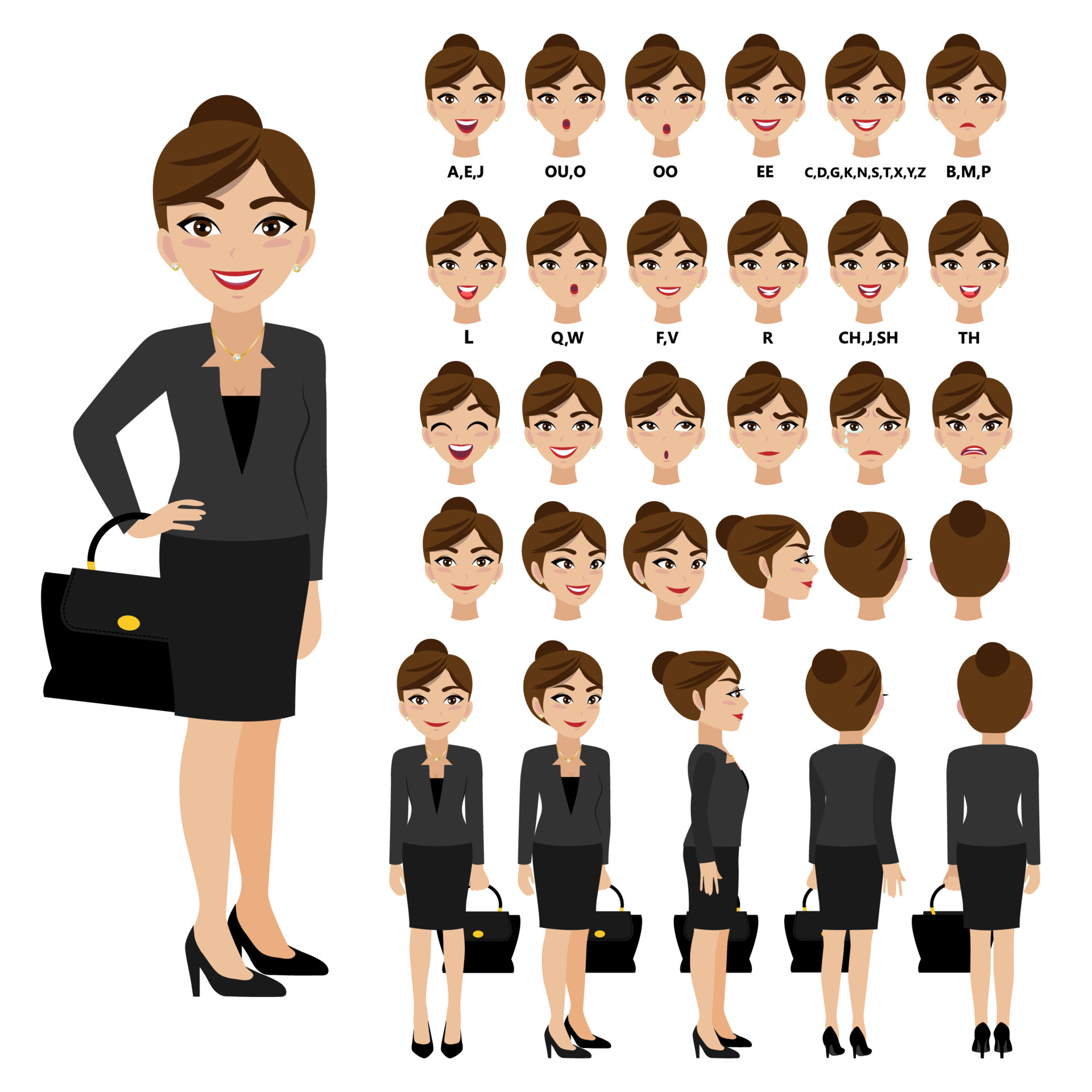 Cartoon character with business woman in suit for animation. Front, side,  back, 3-4 view character. Separate parts of body. Flat vector illustration.  4685184 Vector Art at Vecteezy