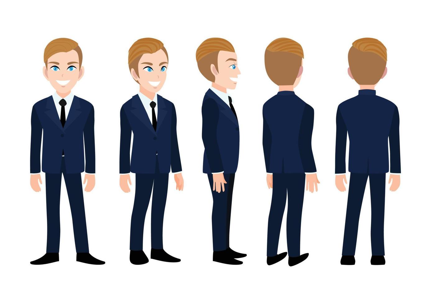 Cartoon character with business man. Front, side, back, 3-4 view animated character. Flat vector illustration.