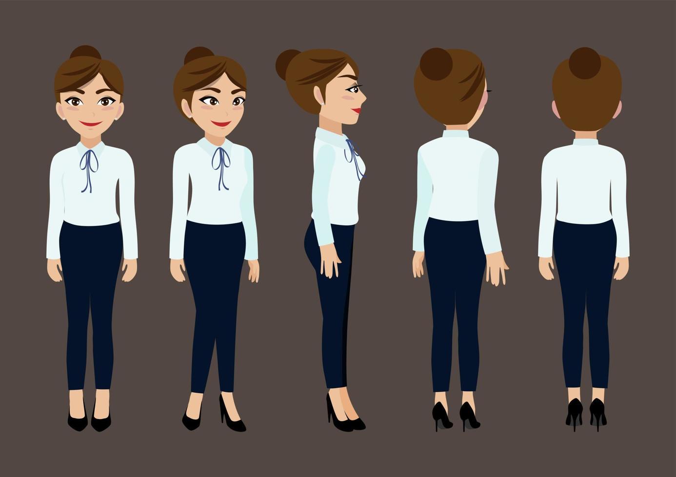 Cartoon character with business woman for animation. Front, side, back, 3-4  view character. Flat vector illustration. 4685192 Vector Art at Vecteezy