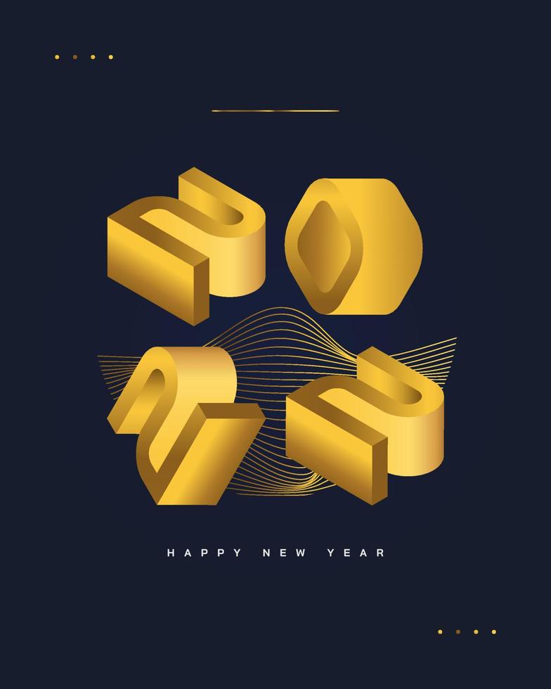 Elegante diseño de cartel de feliz año nuevo 2022 con números 3d en degradado dorado. Plantilla de diseño de celebración de año nuevo para volante, póster, folleto, tarjeta, pancarta o postal vector