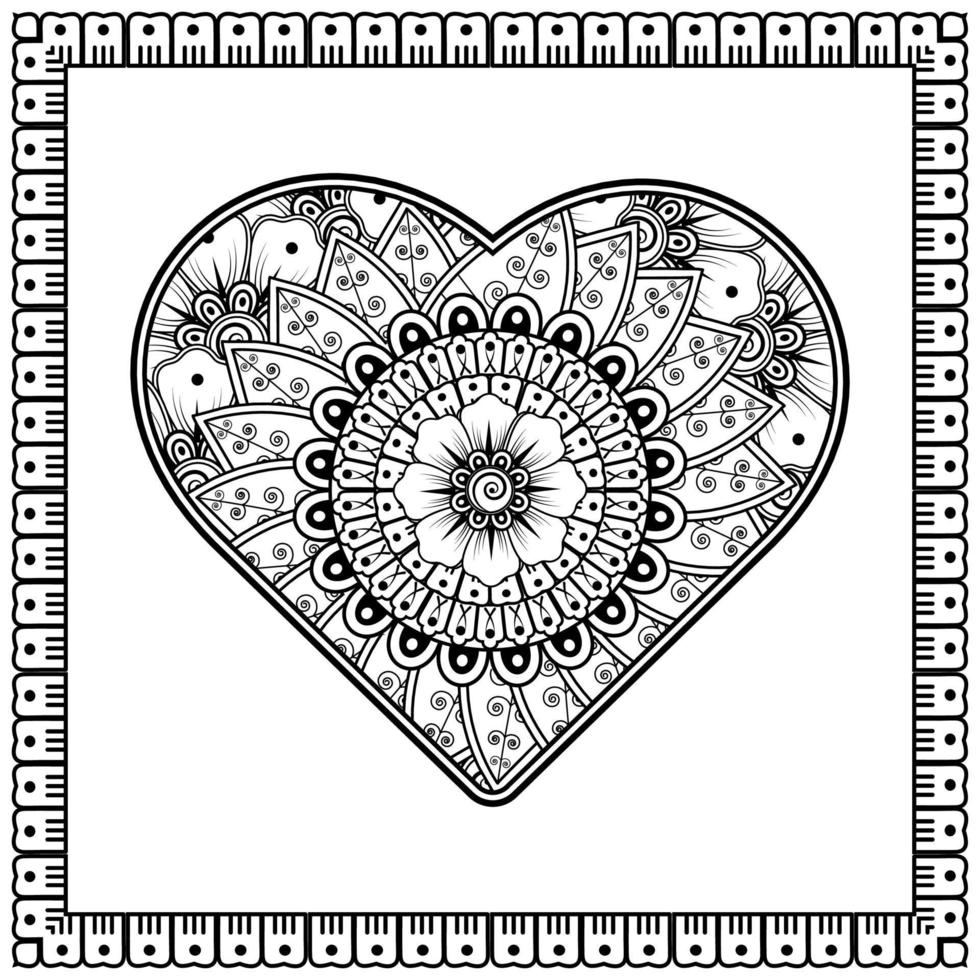 Mehndi flower with frame in shape of heart. decoration in ethnic oriental, doodle ornament. vector