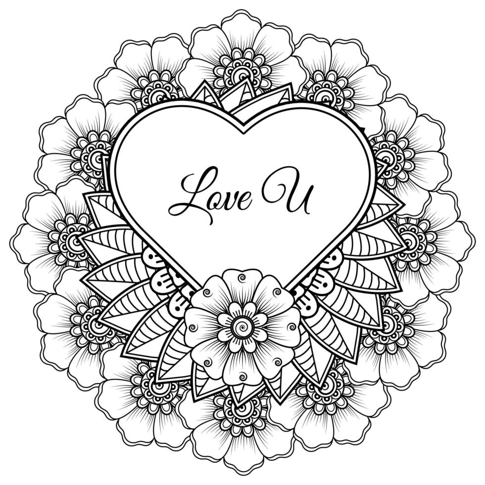 Mehndi flower with frame in shape of heart. decoration in ethnic oriental, doodle ornament. vector