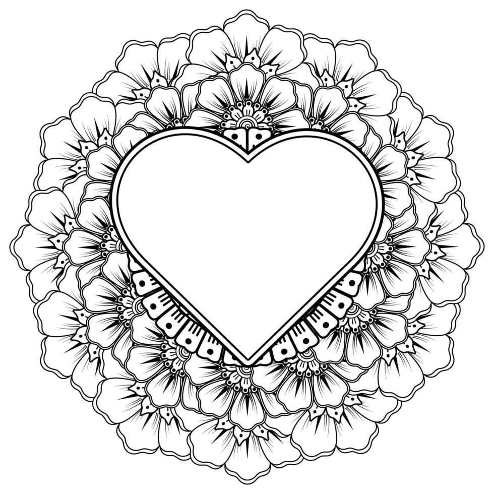 Mehndi flower with frame in shape of heart. decoration in ethnic oriental, doodle ornament. vector