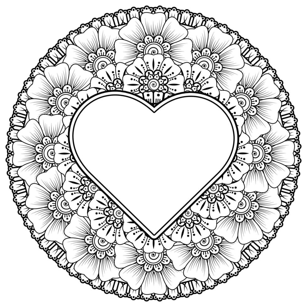 Mehndi flower with frame in shape of heart. decoration in ethnic oriental, doodle ornament. vector