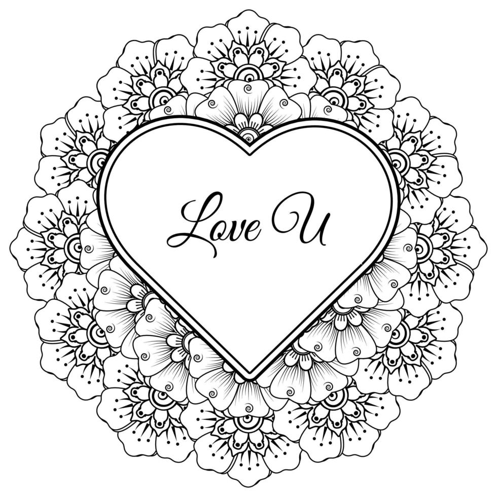 Mehndi flower with frame in shape of heart. decoration in ethnic oriental, doodle ornament. vector