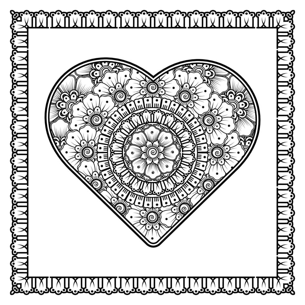 Mehndi flower with frame in shape of heart. decoration in ethnic oriental, doodle ornament. vector