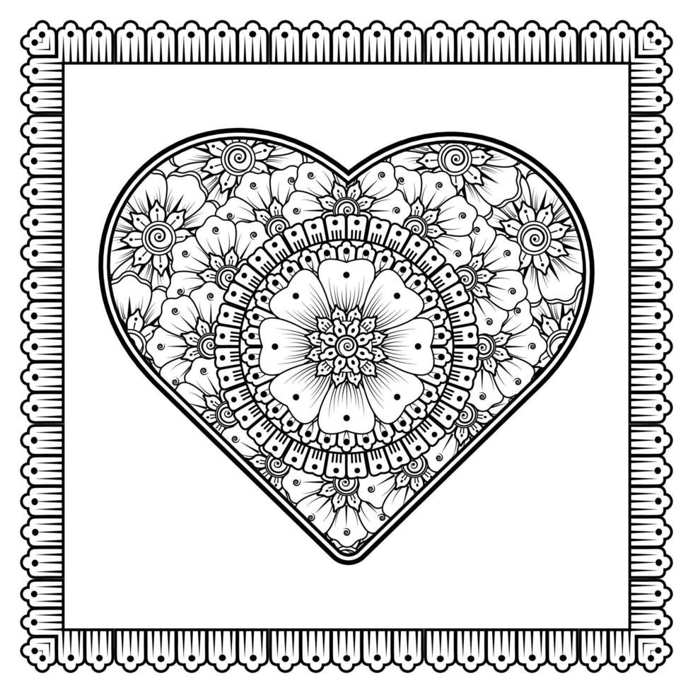 Mehndi flower with frame in shape of heart. decoration in ethnic oriental, doodle ornament. vector