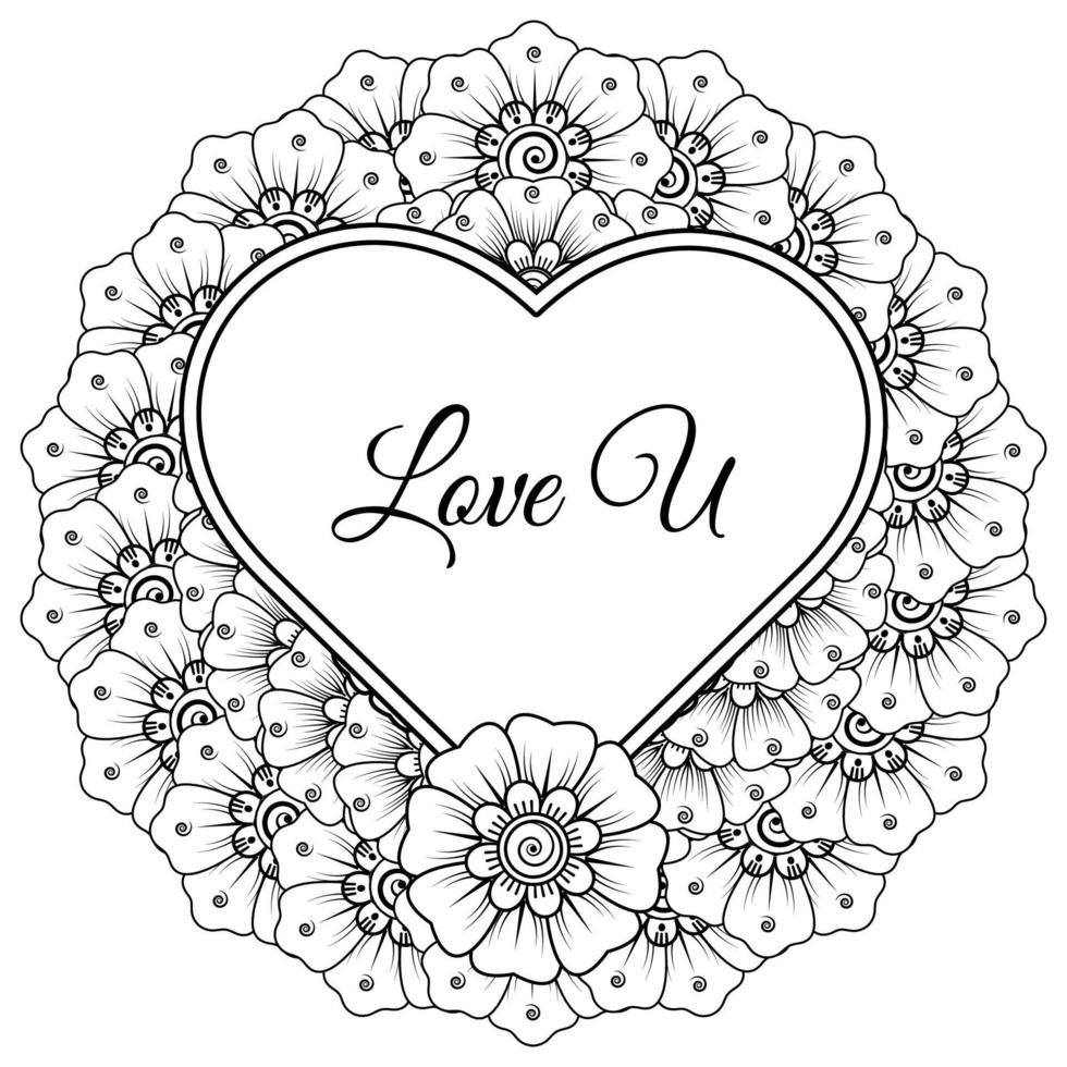 Mehndi flower with frame in shape of heart. decoration in ethnic oriental, doodle ornament. vector