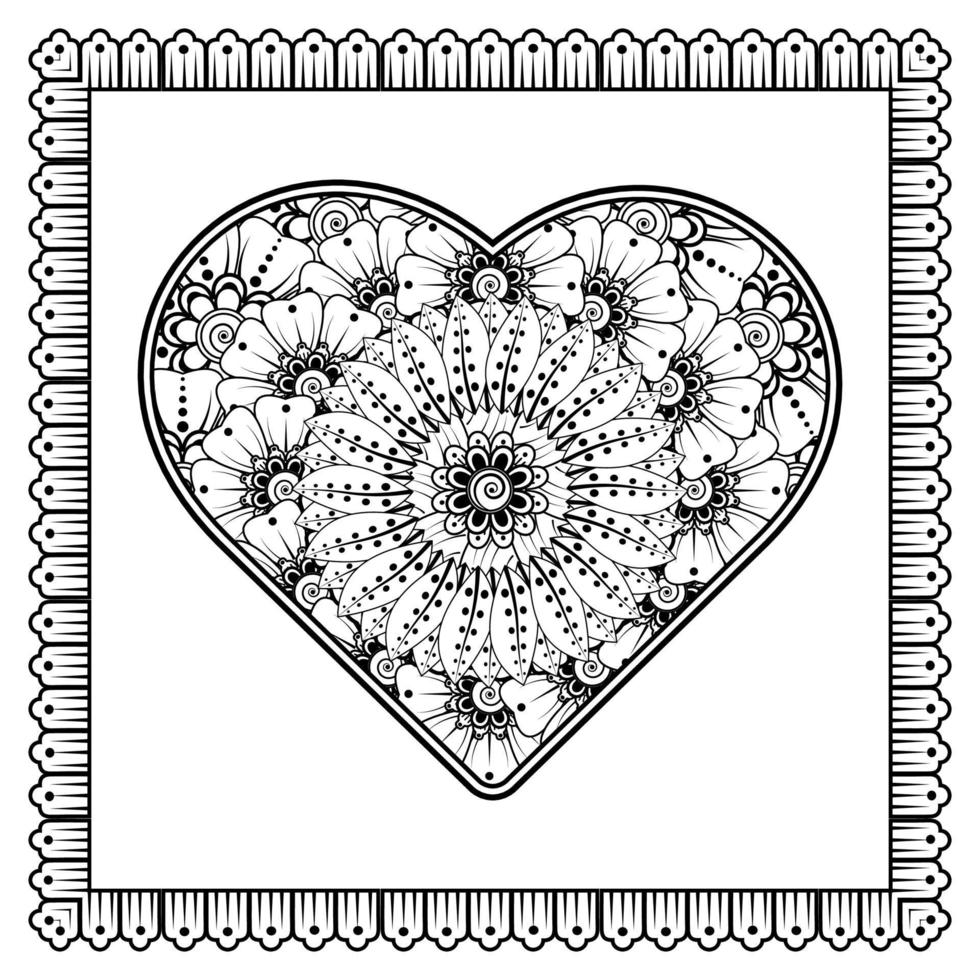 Mehndi flower with frame in shape of heart. decoration in ethnic oriental, doodle ornament. vector