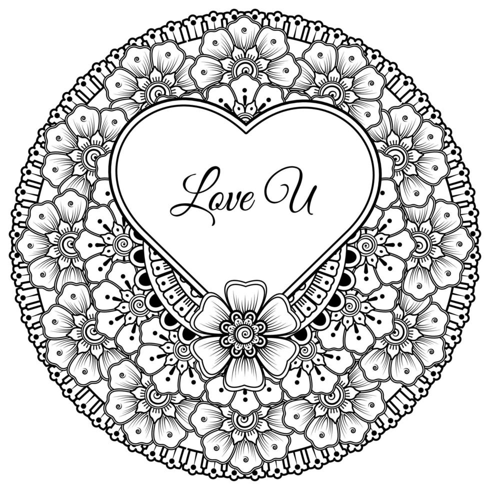 Mehndi flower with frame in shape of heart. decoration in ethnic oriental, doodle ornament. vector