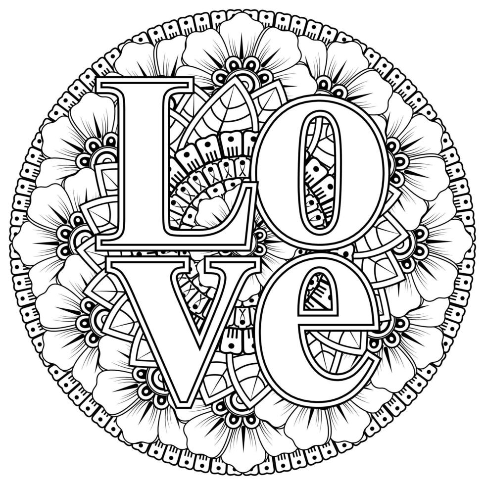 palabras de amor con flores mehndi para colorear página de libro doodle adorno vector
