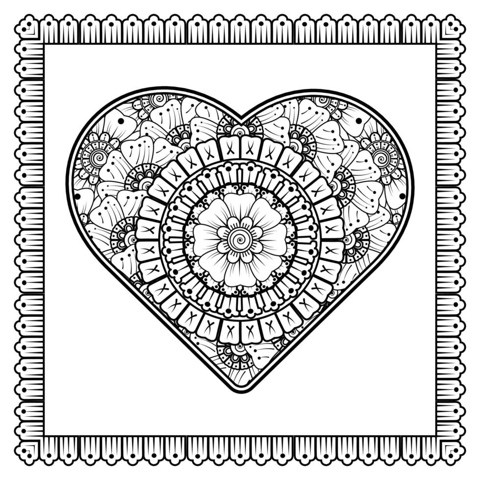 Mehndi flower with frame in shape of heart. decoration in ethnic oriental, doodle ornament. vector