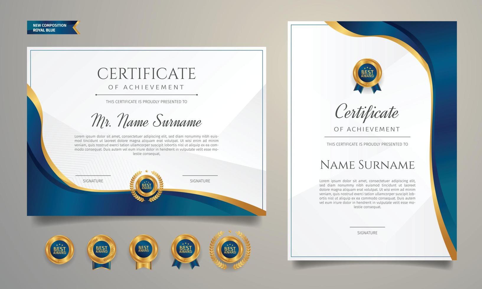 Certificate of award template with badges vector