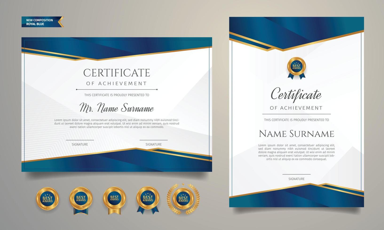 Blue and gold certificate of achievement border template with badge vector