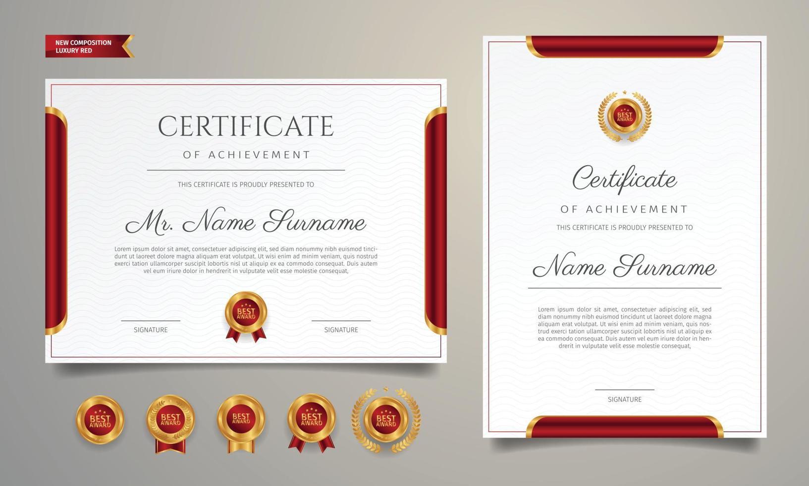 Plantilla de certificado de diploma dorado y rojo con insignia vector