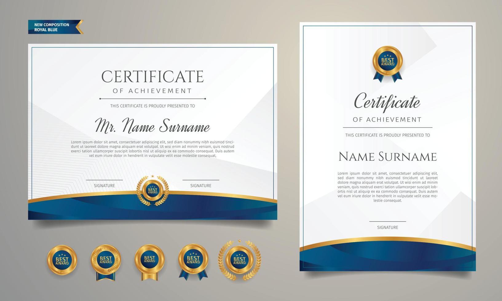 Certificate of appreciation frame template with golden badges vector