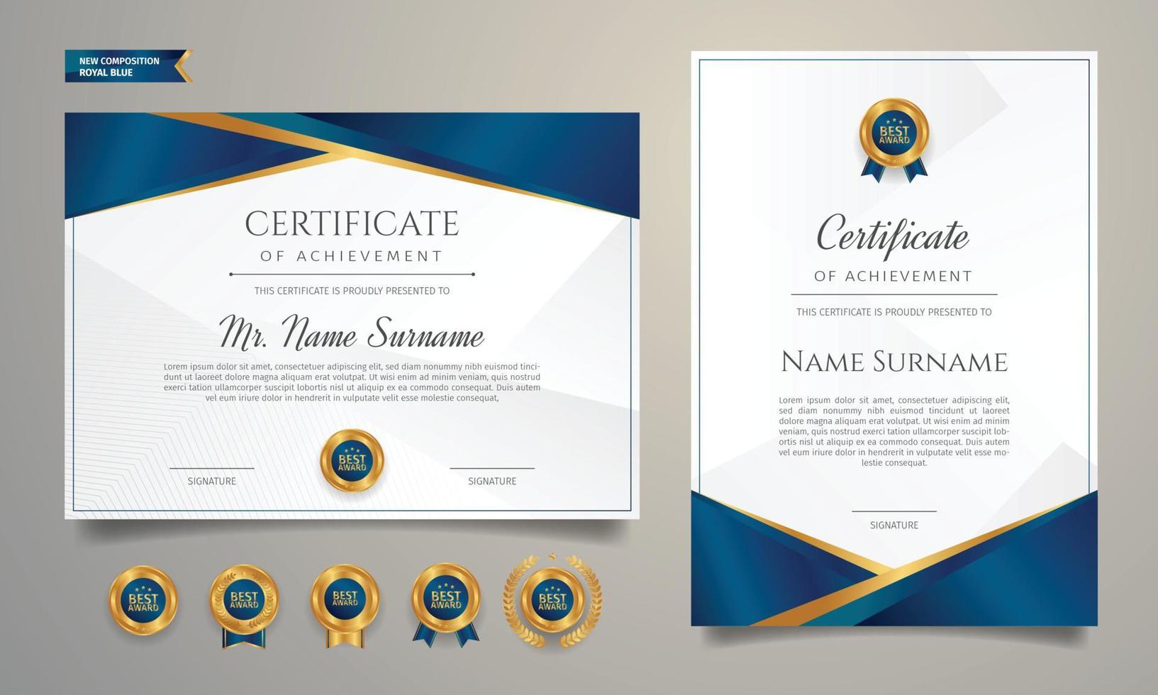 Certificado de plantilla de marco de logros con insignias doradas. vector