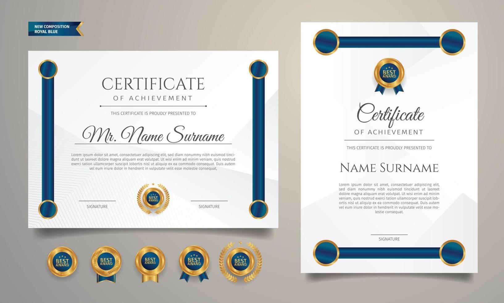 Certificado de diploma azul y dorado con insignia. vector