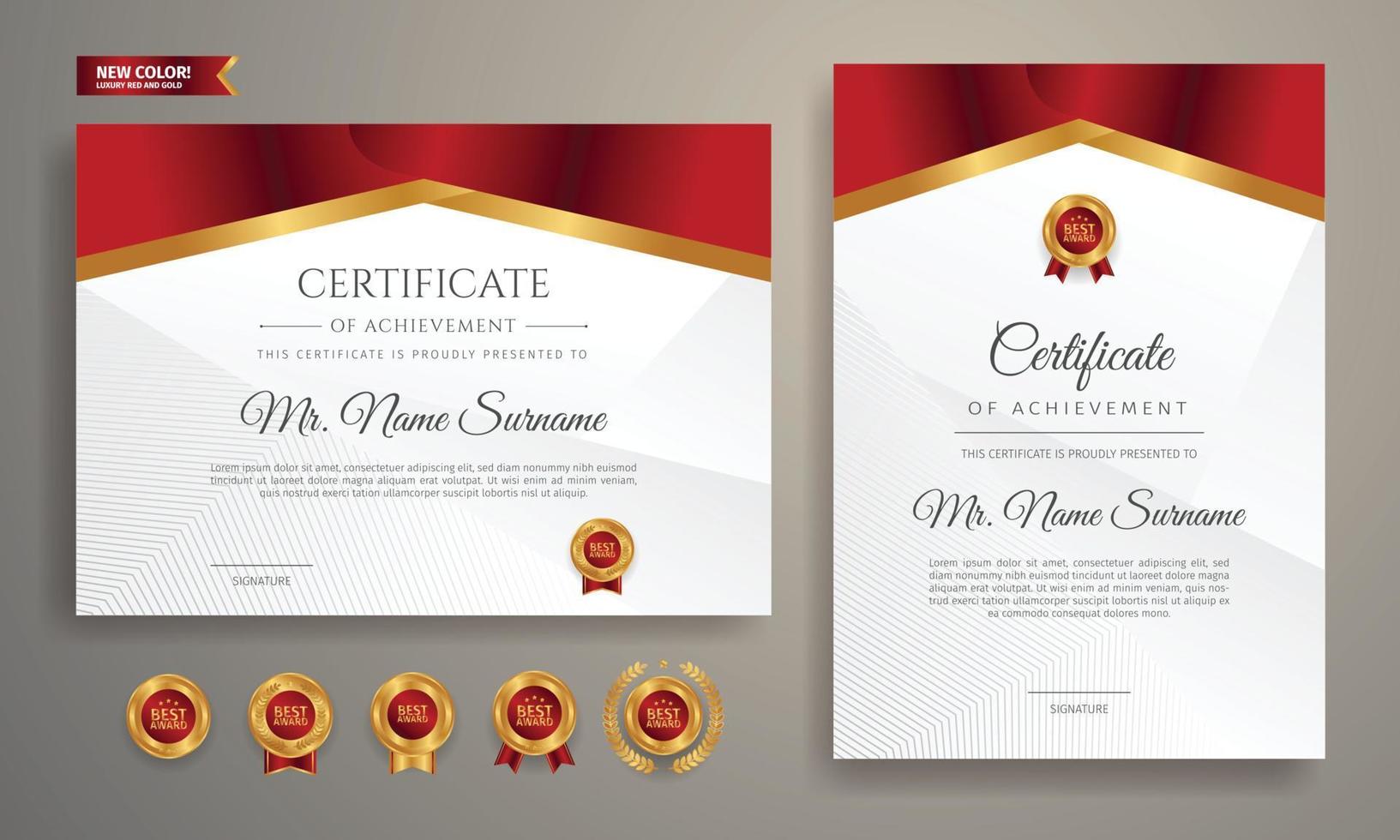 Premium diploma certificate of achievement template with gold and red badges vector