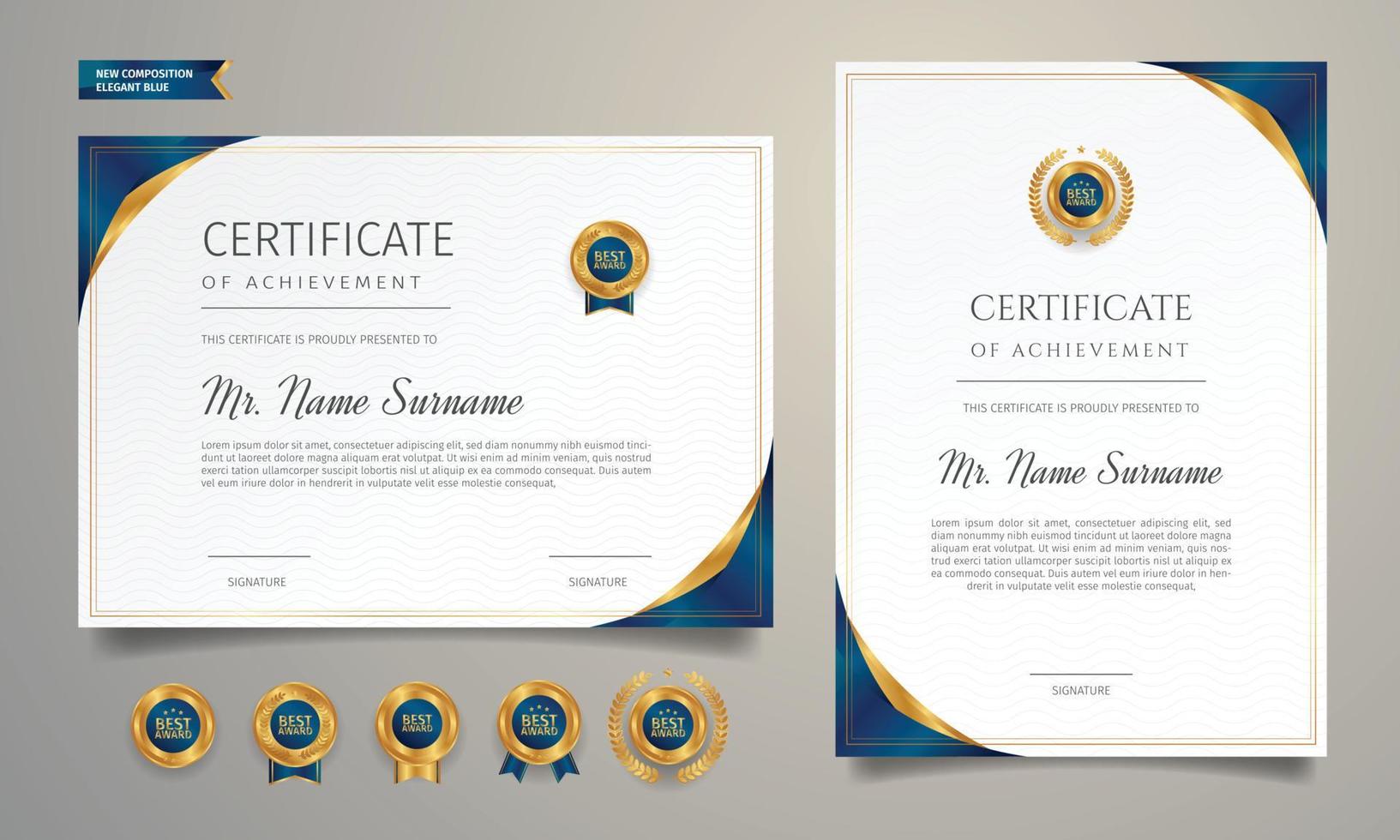 Blue and gold diploma certificate of appreciation border template with luxury badges vector