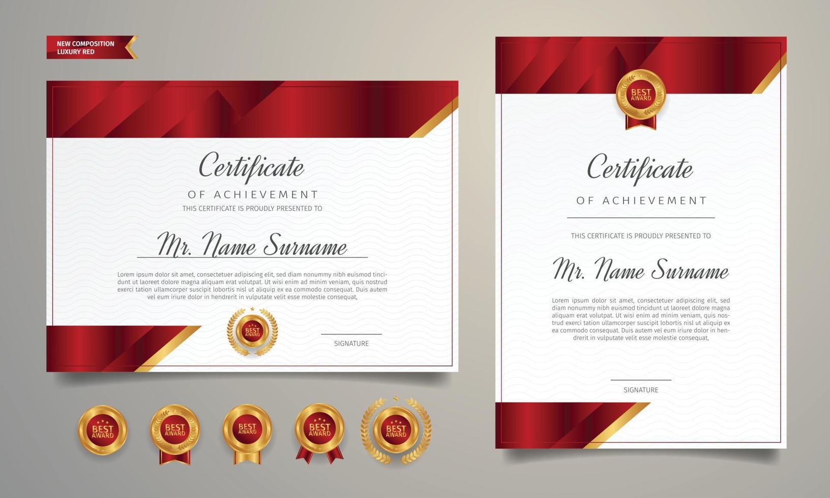 Red and gold diploma certificate border template with badges vector