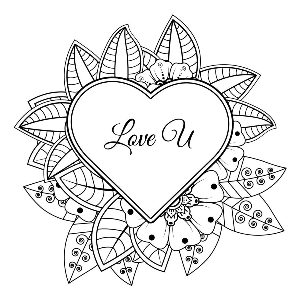 Mehndi flower with frame in shape of heart. decoration in ethnic oriental, doodle ornament. vector