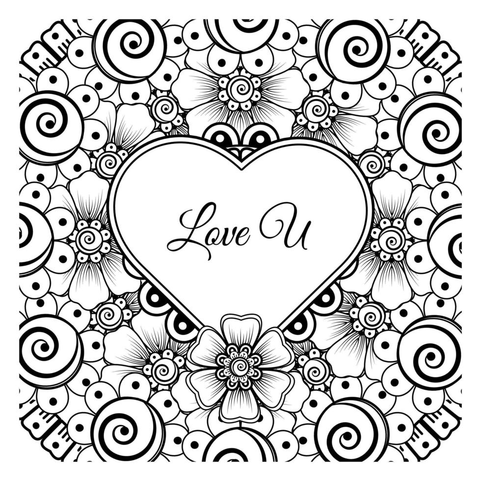 Mehndi flower with frame in shape of heart. decoration in ethnic oriental, doodle ornament. vector