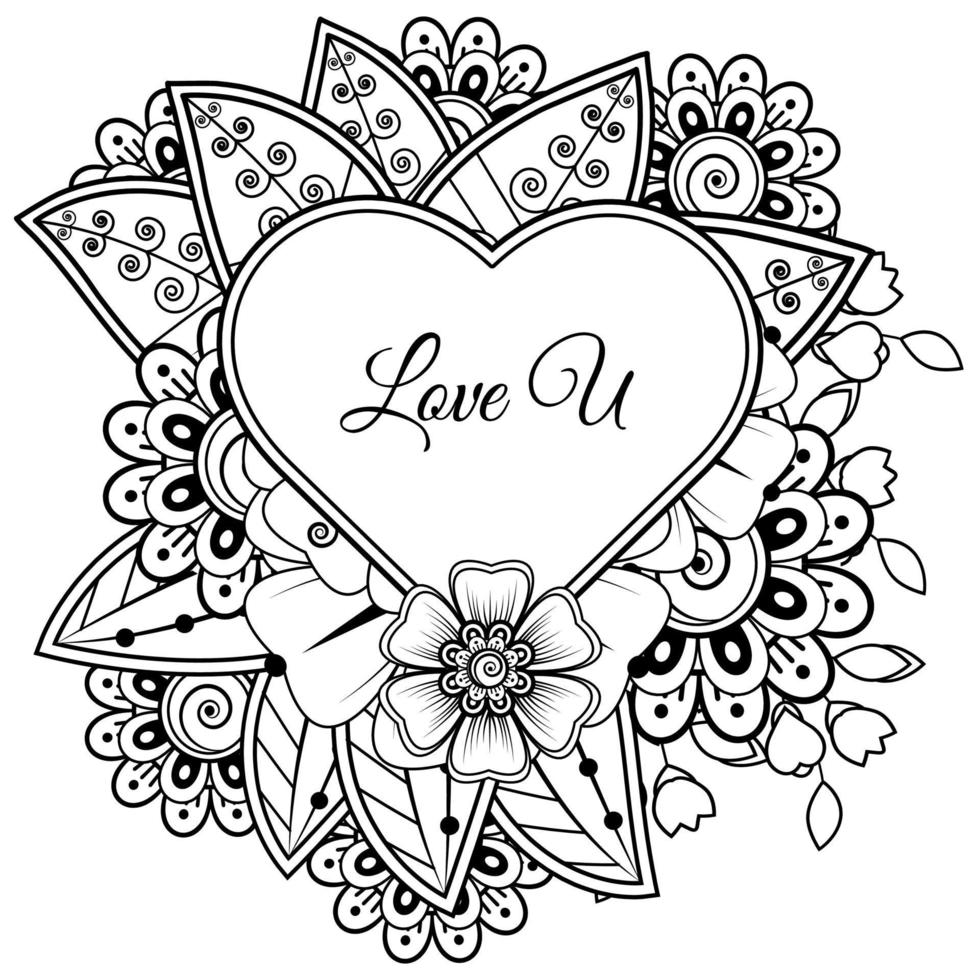 Mehndi flower with frame in shape of heart. decoration in ethnic oriental, doodle ornament. vector