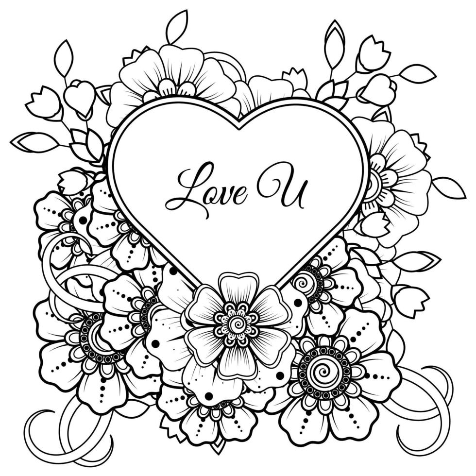 Mehndi flower with frame in shape of heart. decoration in ethnic oriental, doodle ornament. vector