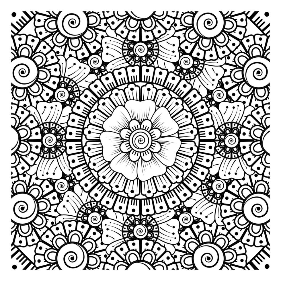 flor mehndi para henna, mehndi, tatuaje, decoración. adorno decorativo en estilo étnico oriental, adorno de doodle, dibujo a mano de contorno. página de libro para colorear. vector