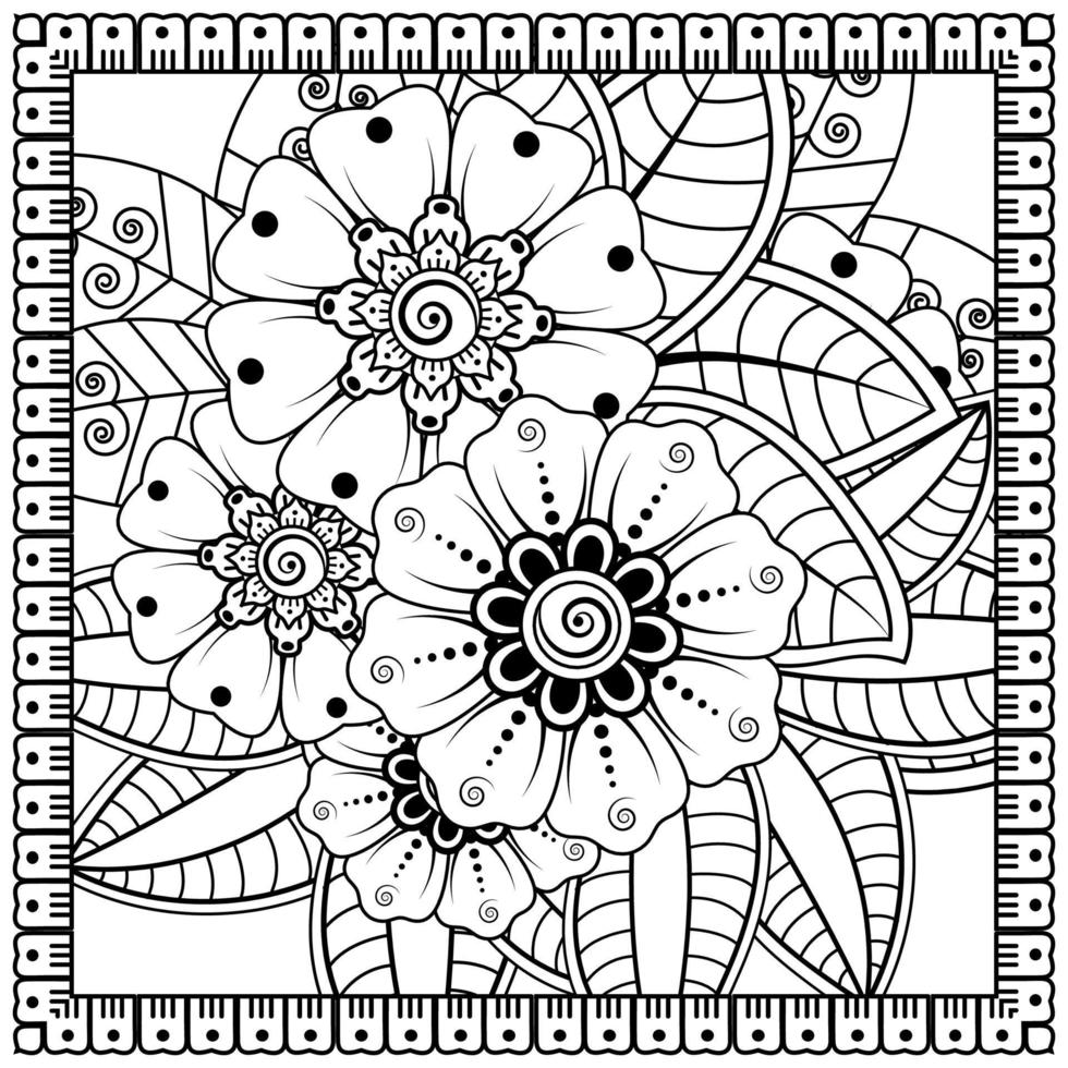 flor mehndi para henna, mehndi, tatuaje, decoración. adorno decorativo en estilo étnico oriental, adorno de doodle, dibujo a mano de contorno. página de libro para colorear. vector