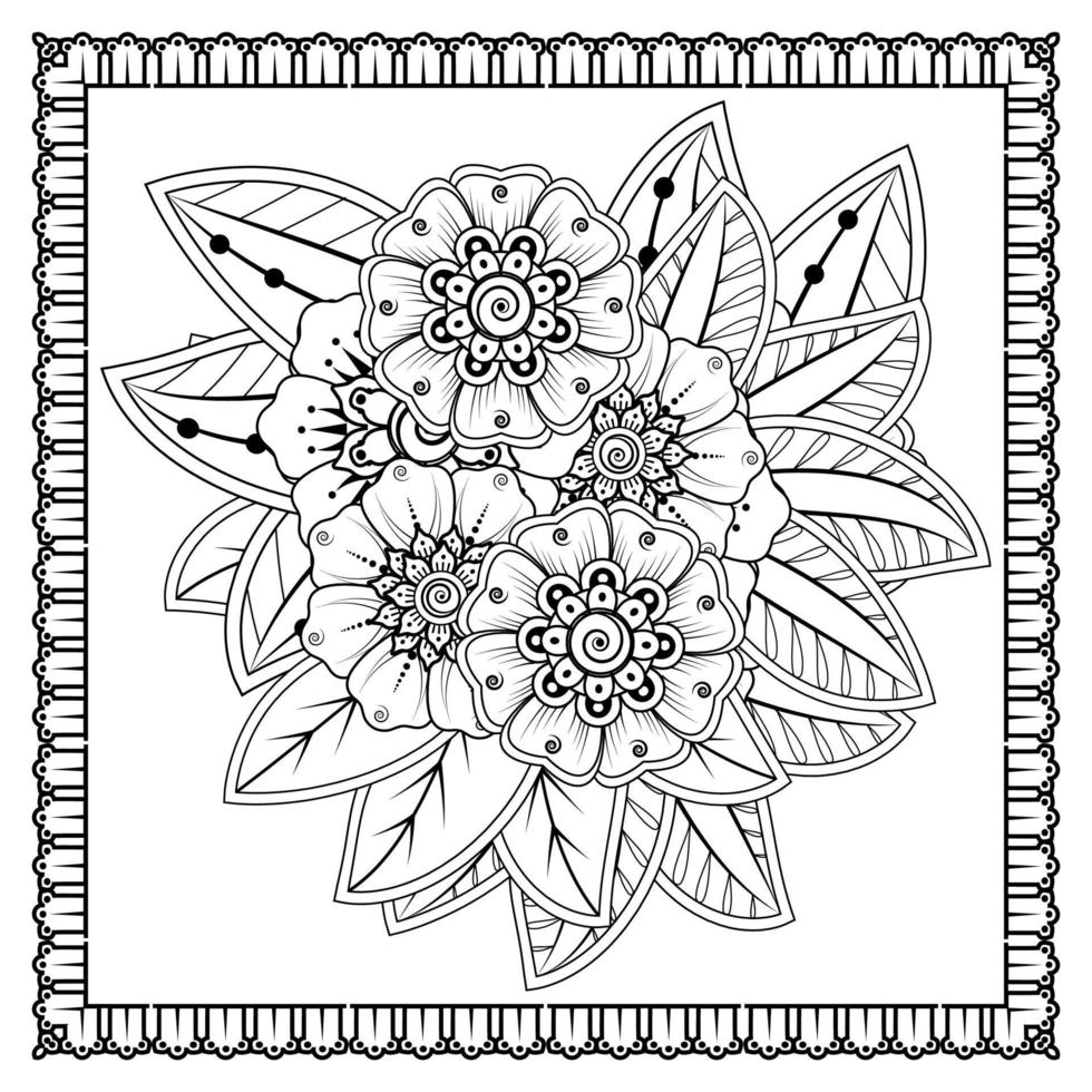 flor mehndi para henna, mehndi, tatuaje, decoración. adorno decorativo en estilo étnico oriental, adorno de doodle, dibujo a mano de contorno. página de libro para colorear. vector