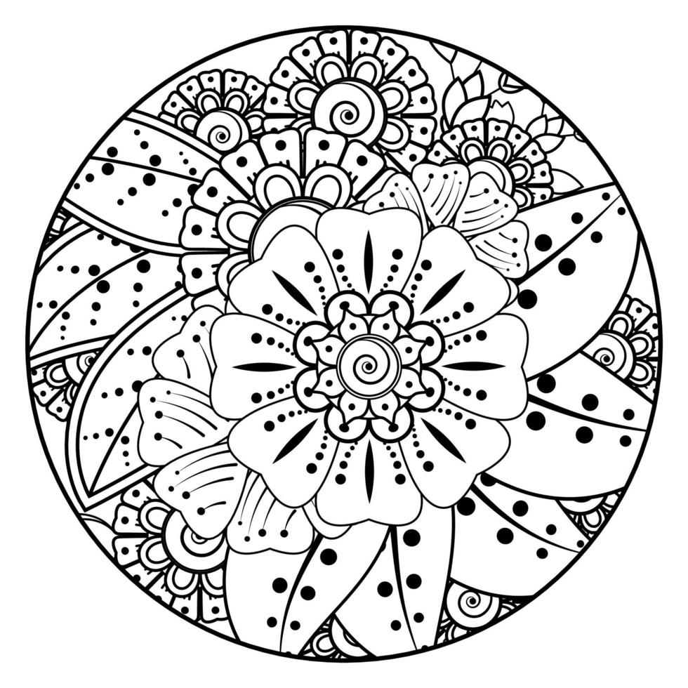 flor mehndi para henna, mehndi, tatuaje, decoración. adorno decorativo en estilo étnico oriental, adorno de doodle, dibujo a mano de contorno. página de libro para colorear. vector