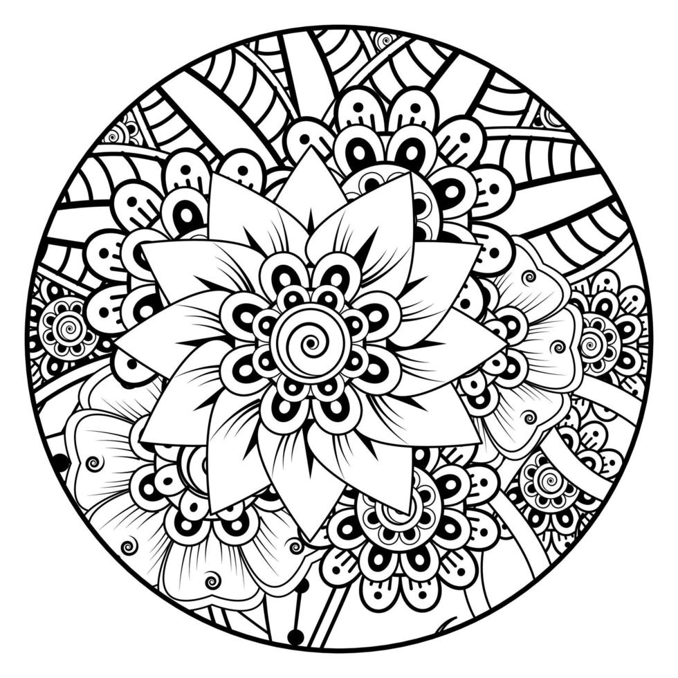 flor mehndi para henna, mehndi, tatuaje, decoración. adorno decorativo en estilo étnico oriental, adorno de doodle, dibujo a mano de contorno. página de libro para colorear. vector