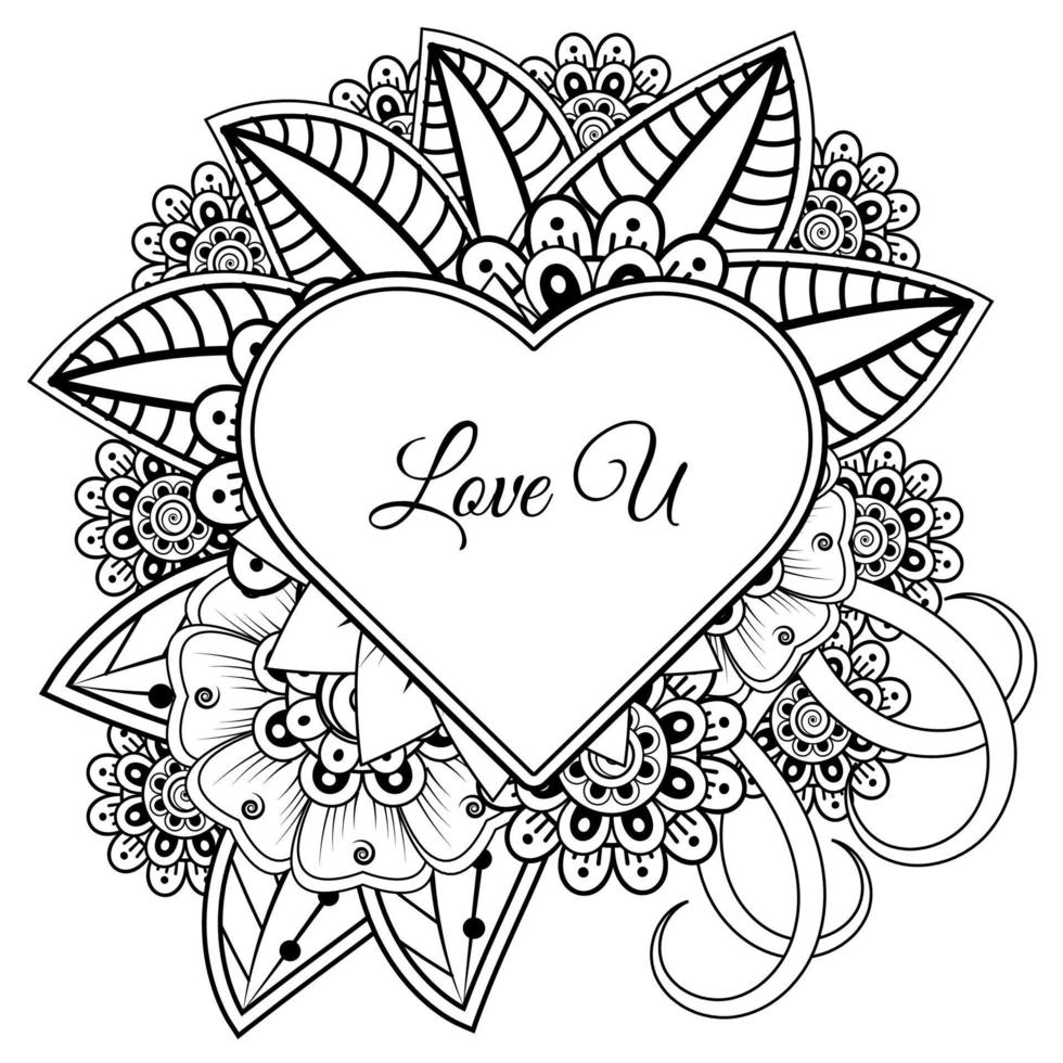 flor mehndi con marco en forma de corazón. decoración en adornos étnicos orientales, doodle. vector