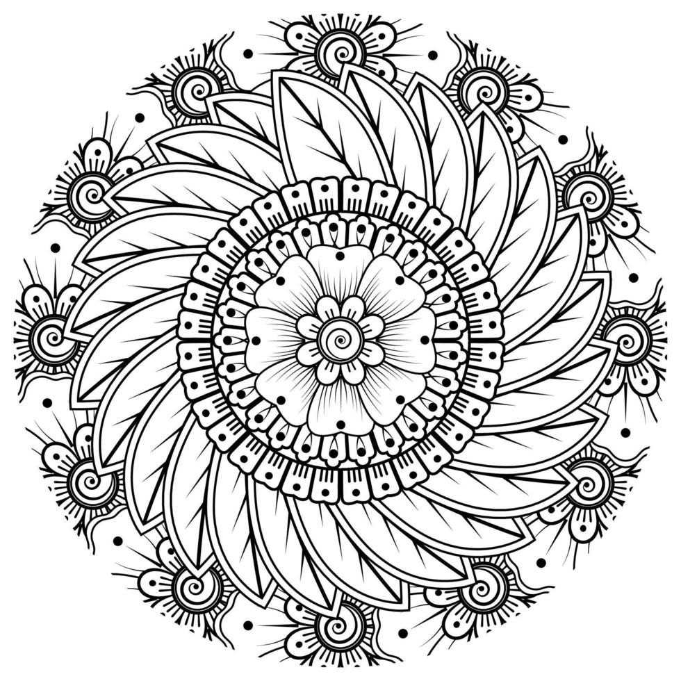 flor mehndi para henna, mehndi, tatuaje, decoración. adorno decorativo en estilo étnico oriental, adorno de doodle, dibujo a mano de contorno. página de libro para colorear. vector